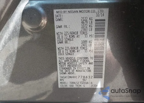 2015 Nissan Rogue Sl from USA, damaged, VIN 5N1AT2MV4FC778432